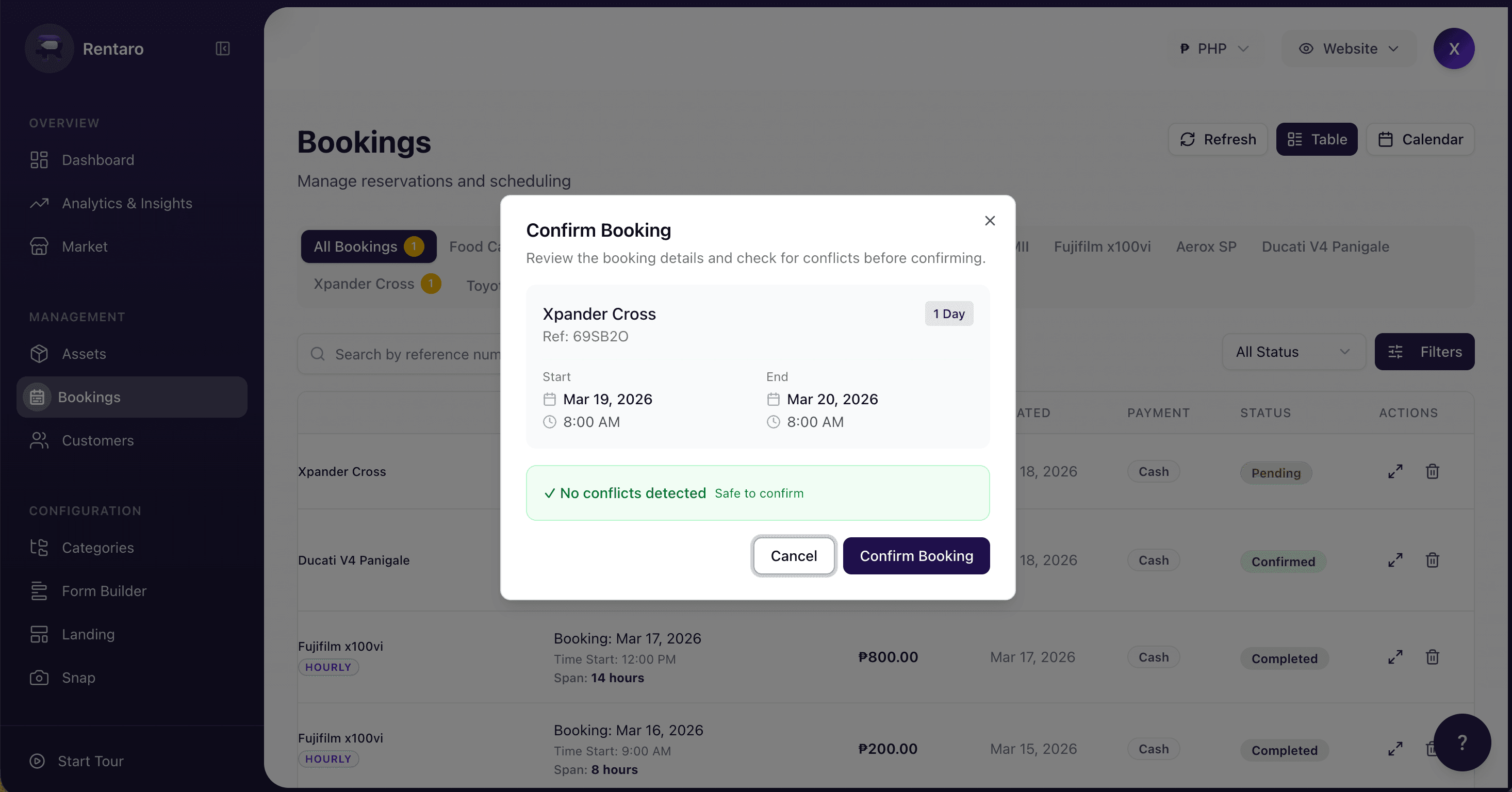 Booking timeline with conflict visibility